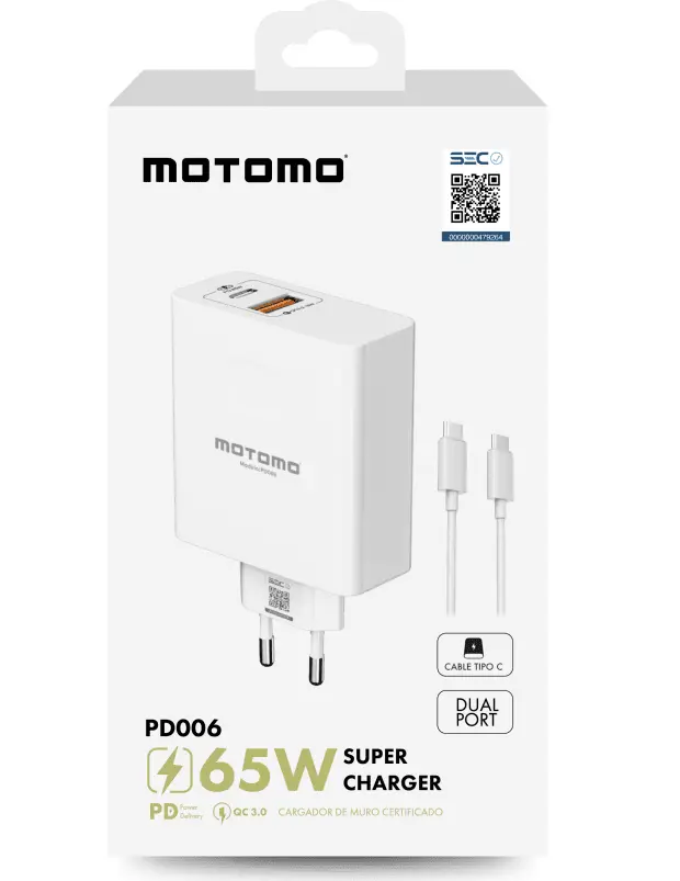 CARGADOR MOTOMO USB C 65W SUPER CHARGER PD006