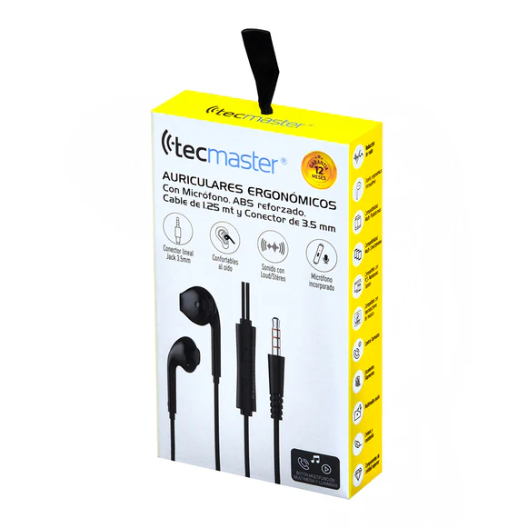 AURICULARES CON CABLE Y MICROFONO ERGONOMICOS TECMASTER CONECTOR JACK 3.5MM