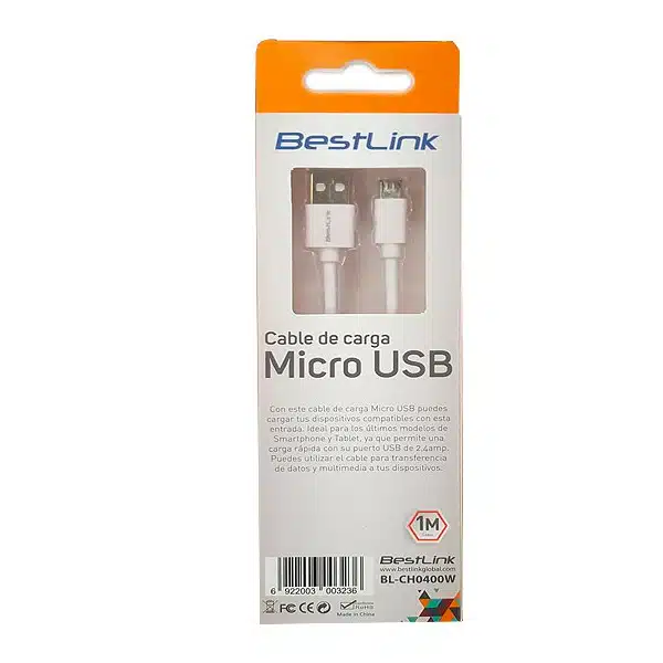 Cable cargador y sincronizador micro USB color blanco 1mt
